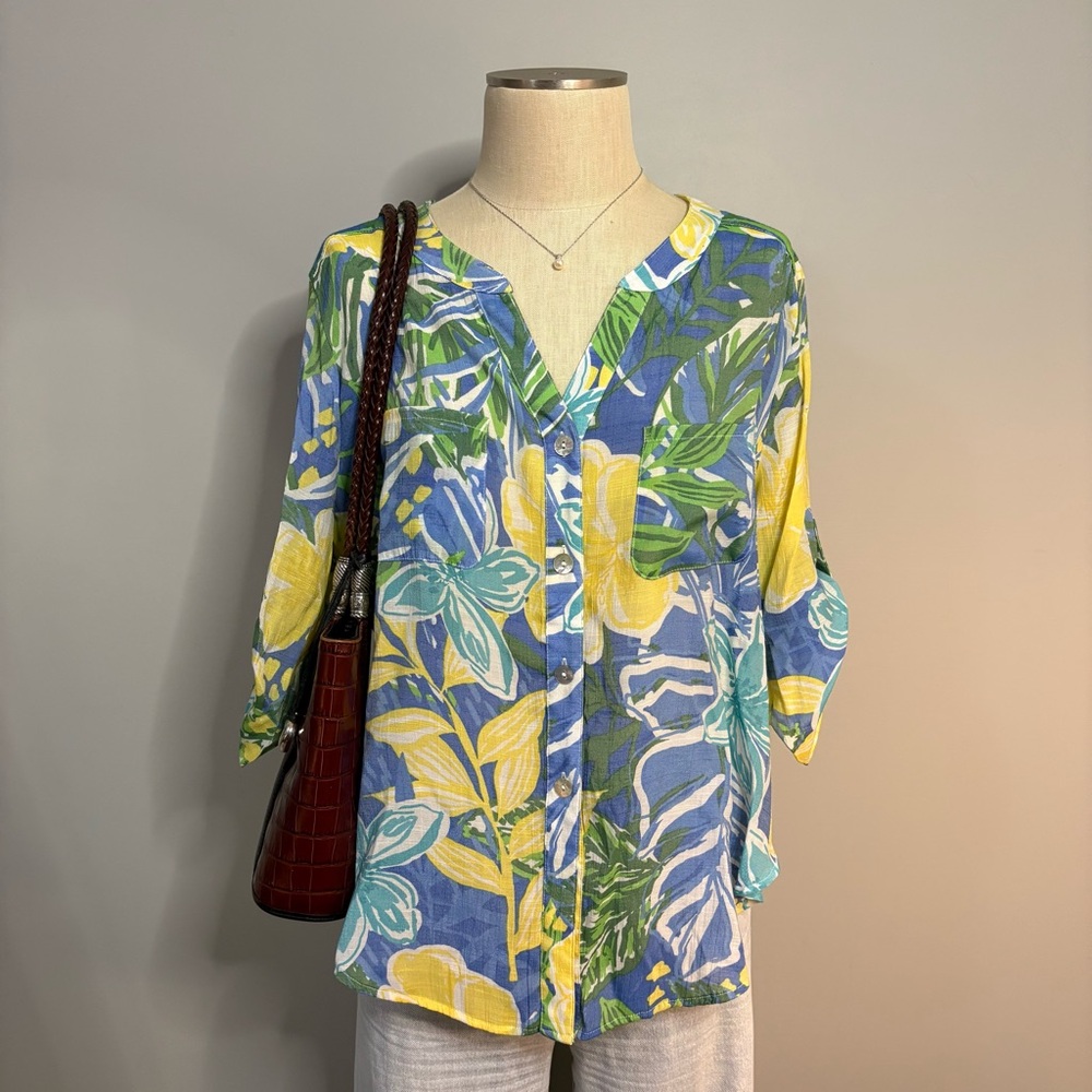 Ruby Rd. Tropical Floral Button-Up Blouse